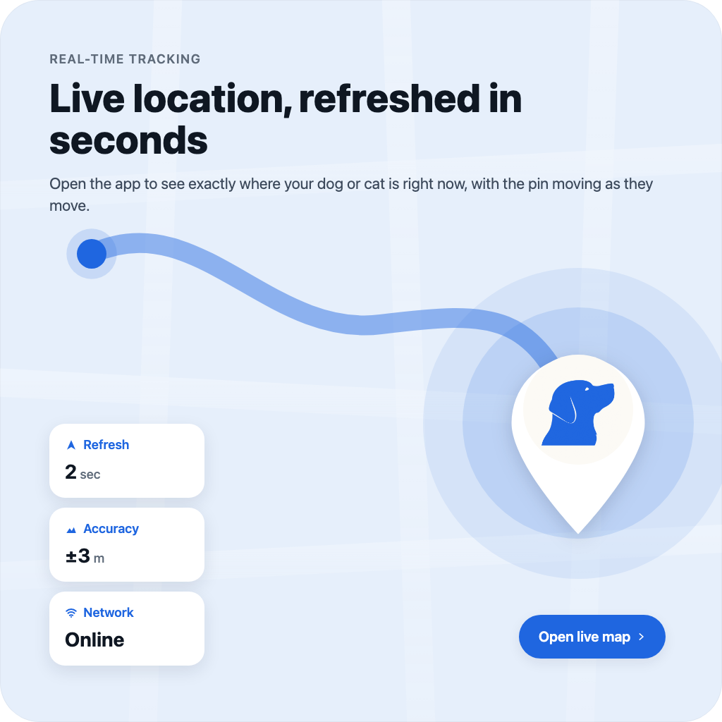 Live location, refreshed in seconds.